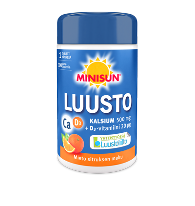 Minisun Luusto Kalsium + D20 mikrog sitrus 100 purutabl.