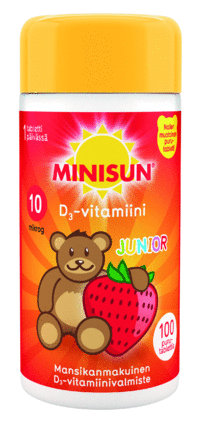 Minisun D-vitamiini Junior Nalle Mansikka 10 mikrog. 100 purutabl.