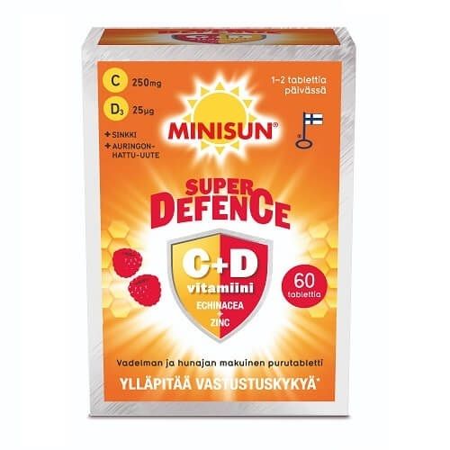 Minisun Super Defence C+D+Echinacea+Zinc vadelma-hunaja 60 purutabl.