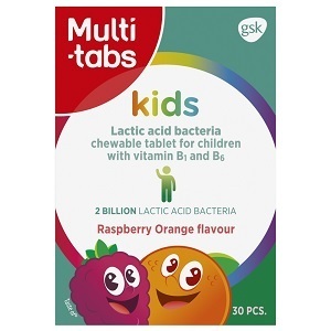 Multi-tabs Kids Maitohappobakt. + B1- ja B6-vitamiini Vadelma-Appelsiini 30 purutabl.