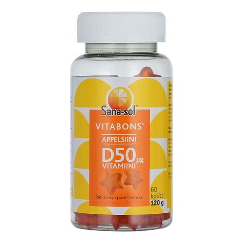 Sana-sol Vitabons D-vitamiini 50 mikrog Appelsiini 60 kpl